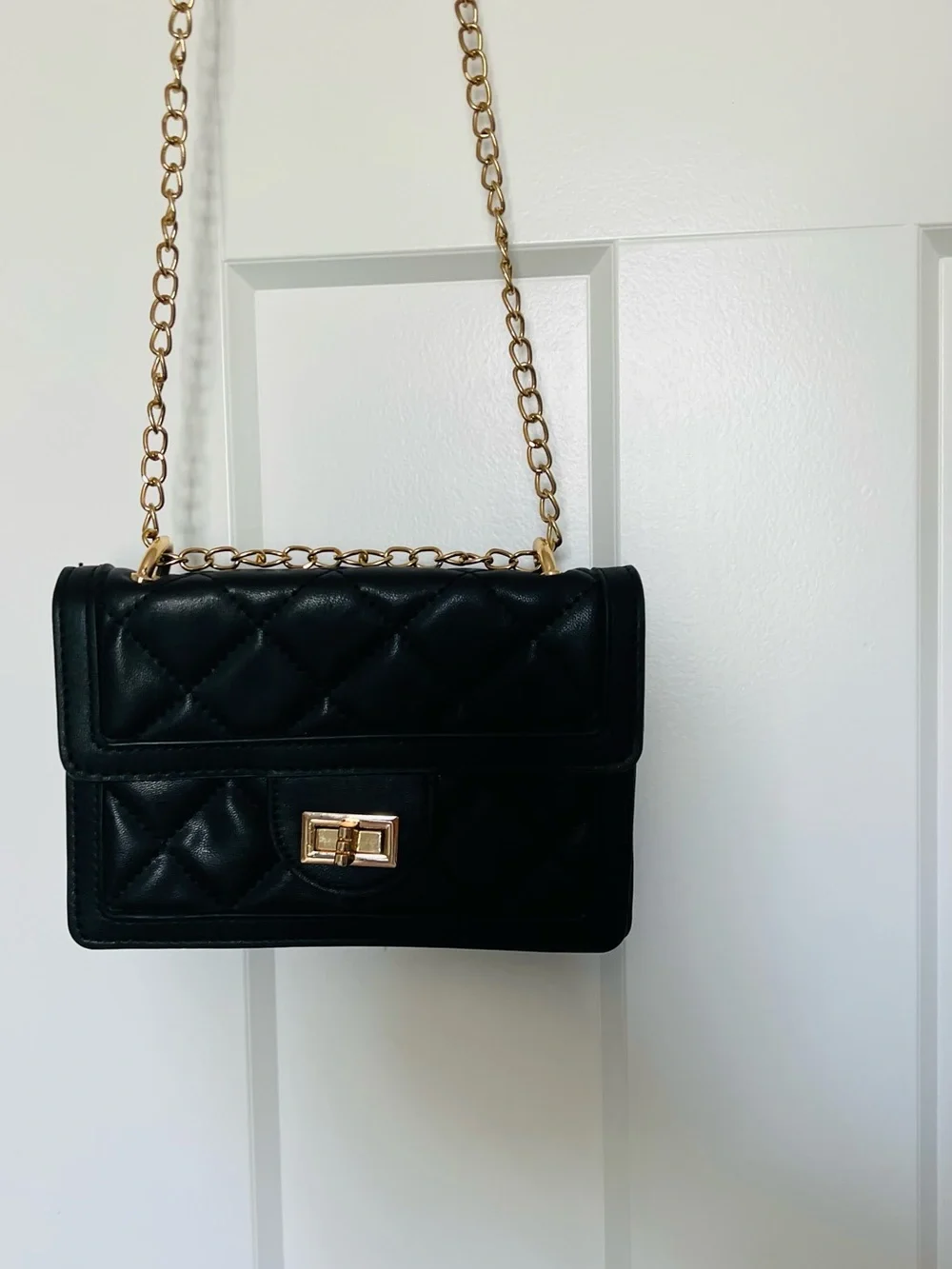 Quilted Black Chain Shoulder Bag with Gold Hardware